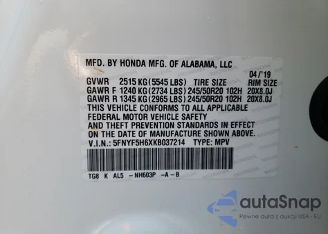 2019 Honda Pilot Touring z USA, uszkodzony, nr VIN 5FNYF5H6XKB037214